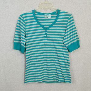 Love Potion Teal Gray Striped Tee Women's L Y2K